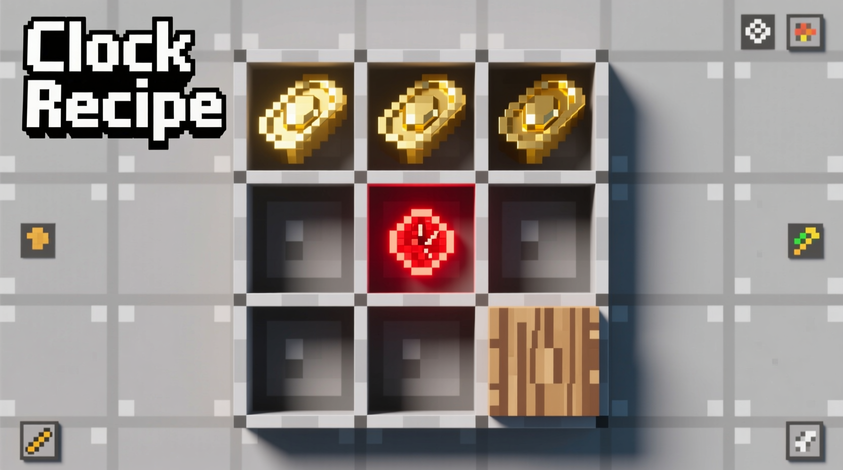 Minecraft crafting grid showing clock recipe with gold and redstone