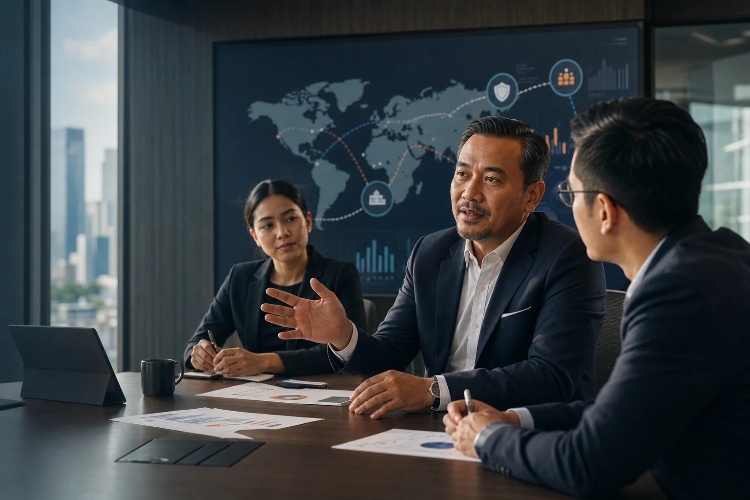 Illustrative Indonesian executive team reviewing a global export strategy