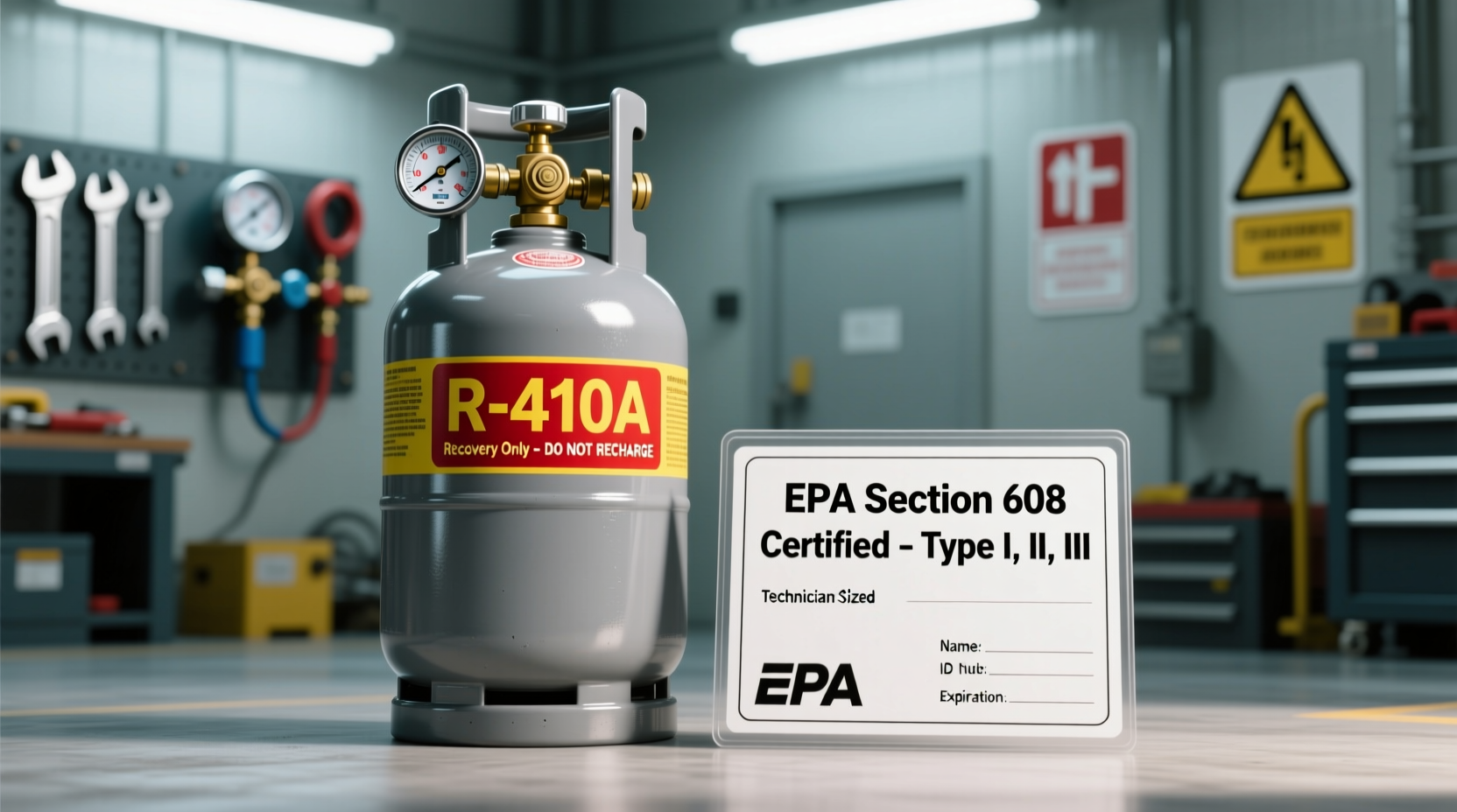EPA Section 608 certification card next to HVAC recovery cylinder