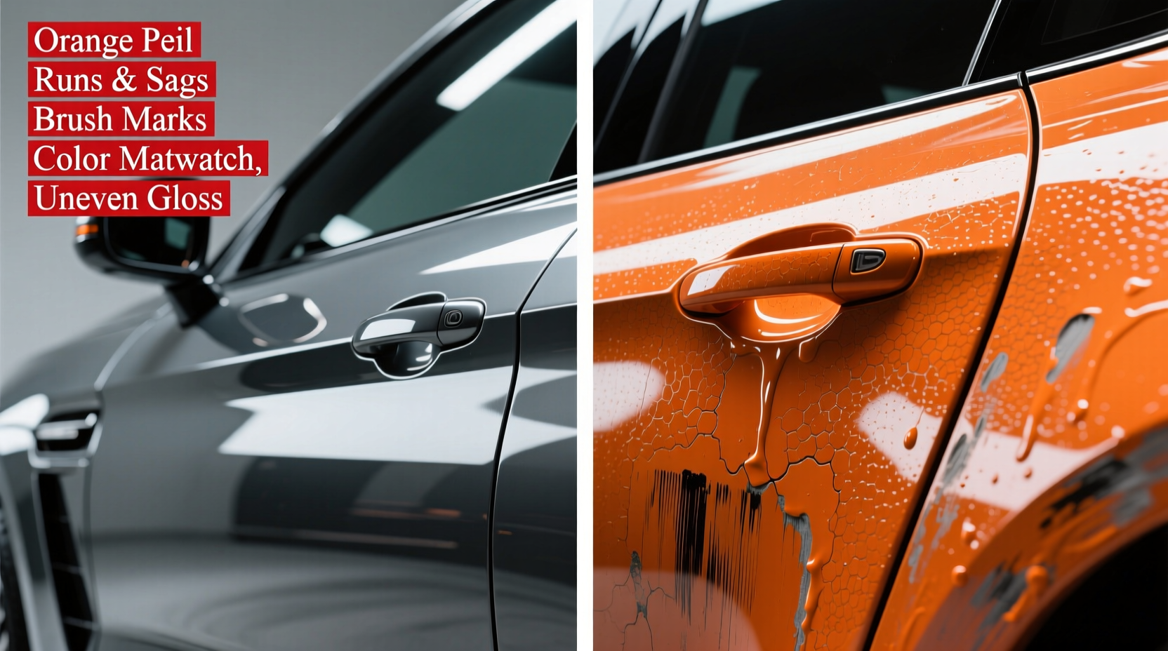 Comparison of professional car paint finish versus DIY with common defects labeled