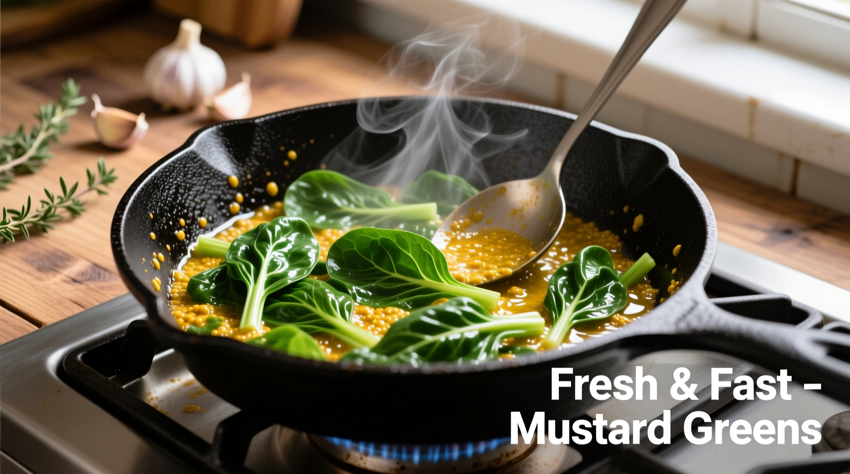 Fresh mustard greens cooking in cast iron skillet