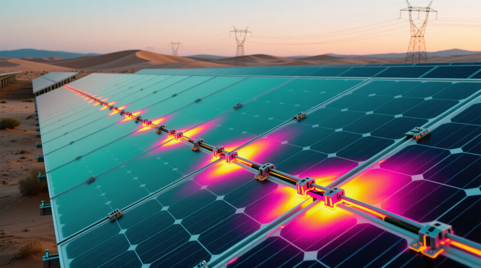 Thermal image showing overheating solar panel connections