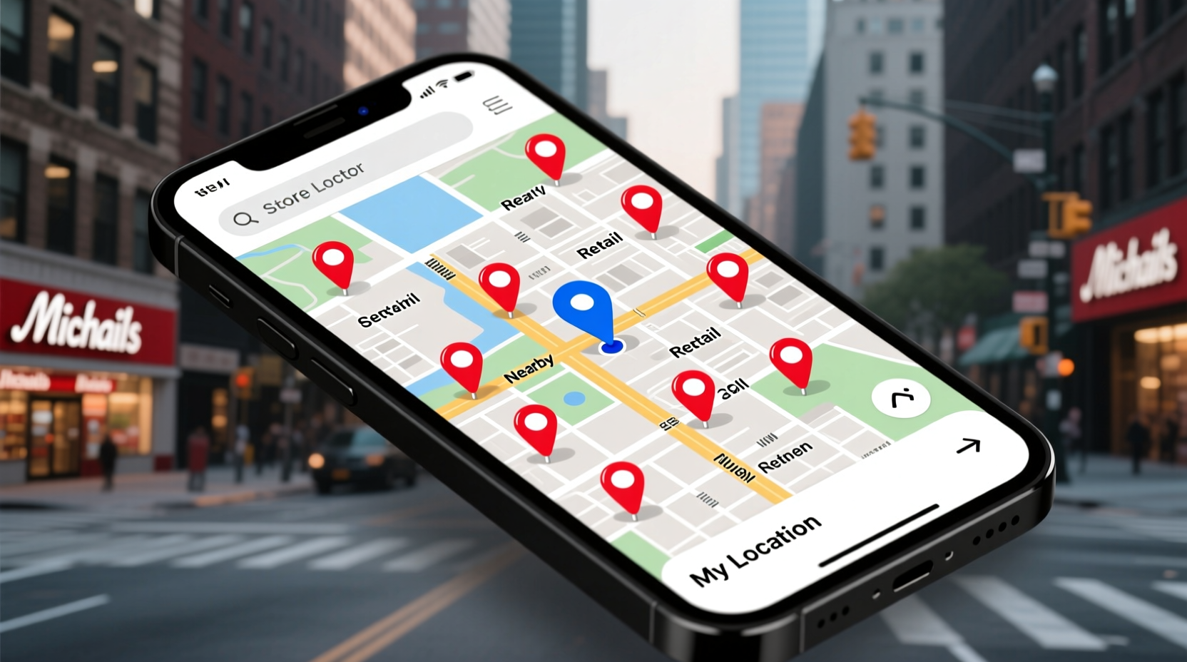 Smartphone showing Michaels store locator app with map pins