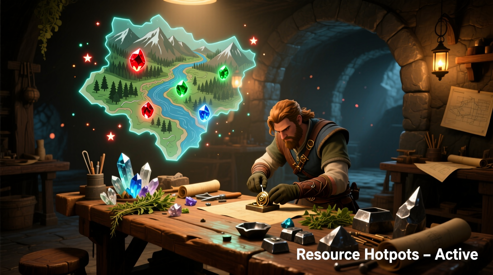 Player using crafting station with material gathering hotspots marked on map