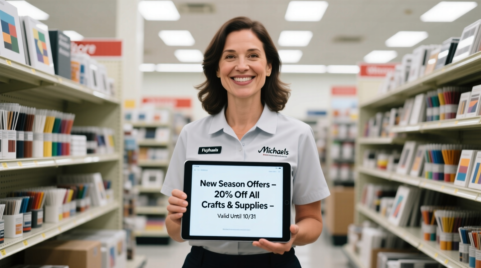 Michaels store employee showing updated ad terms on tablet