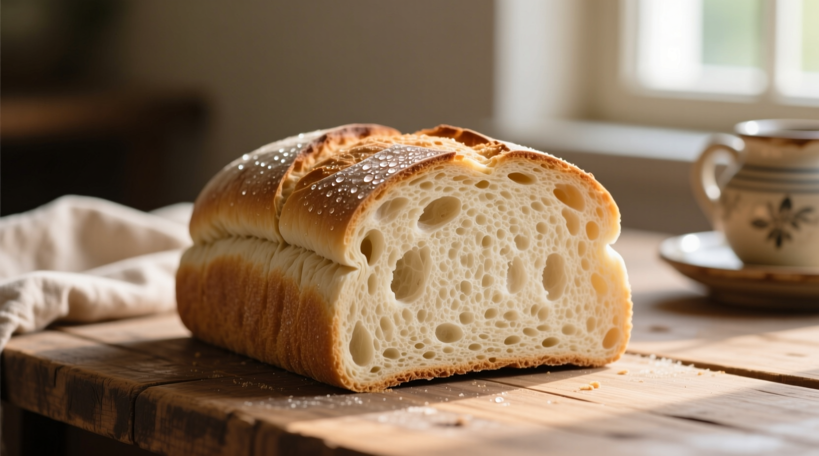 Sliced yeast-free bread showing soft interior texture