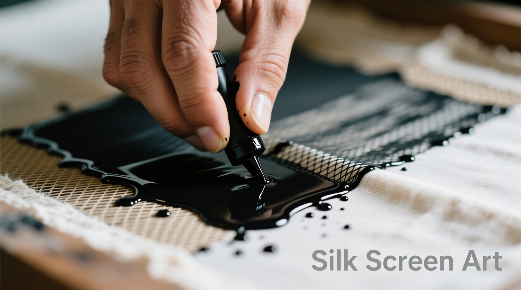 Close-up of hand applying ink through silk screen onto fabric