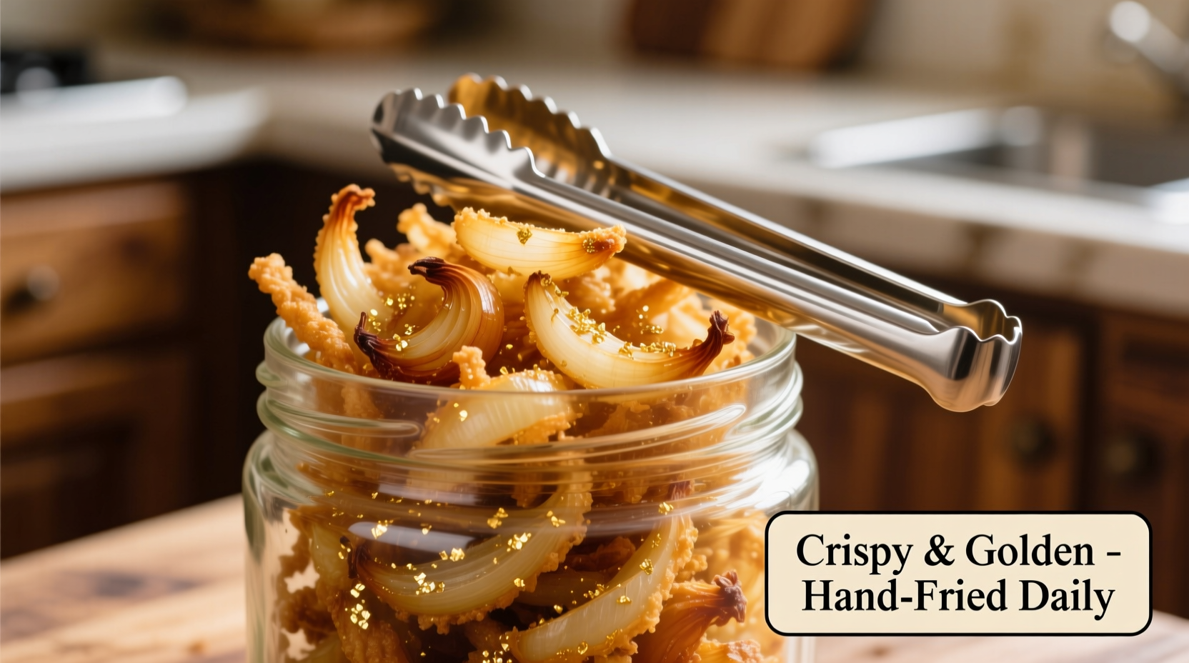 Golden crispy fried onions in glass jar with tongs