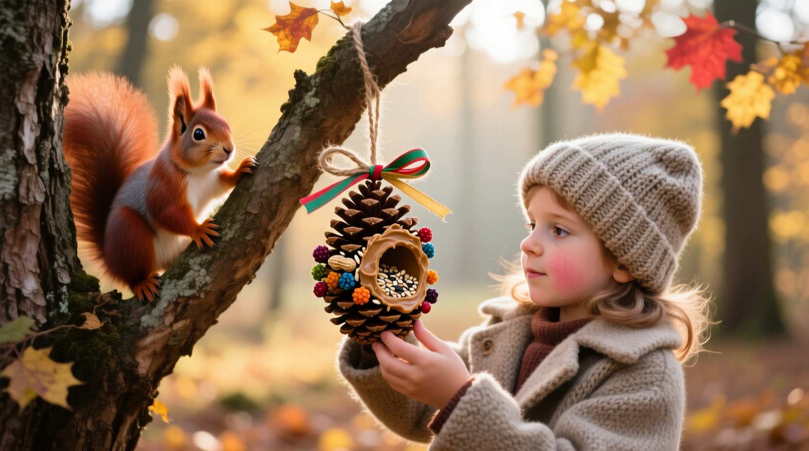 Child hanging handmade pine cone bird feeder on tree branch