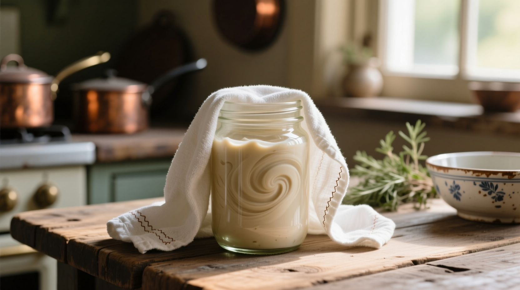 Glass jar with cream mixture covered by towel
