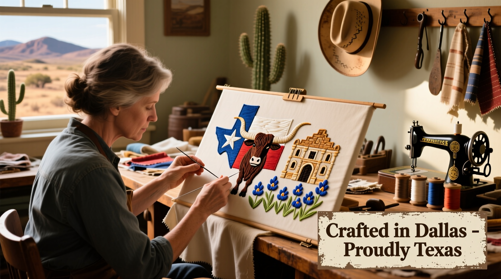 Dallas crafter working on Texas-themed embroidery project