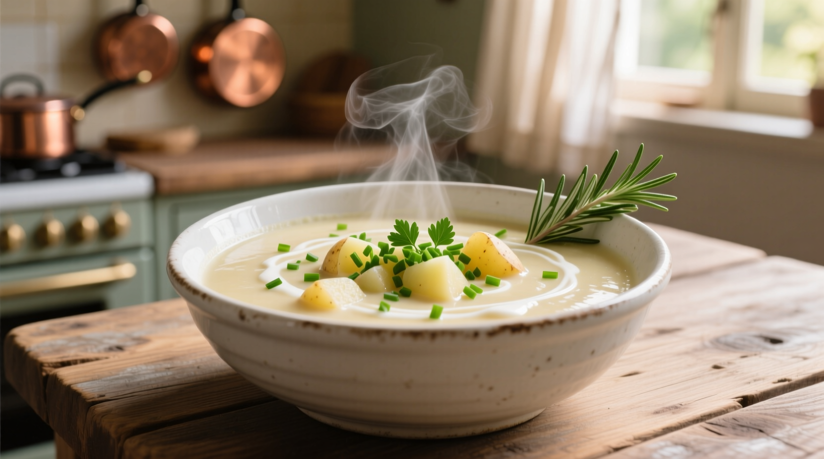 Creamy potato chowder in white bowl with fresh herbs