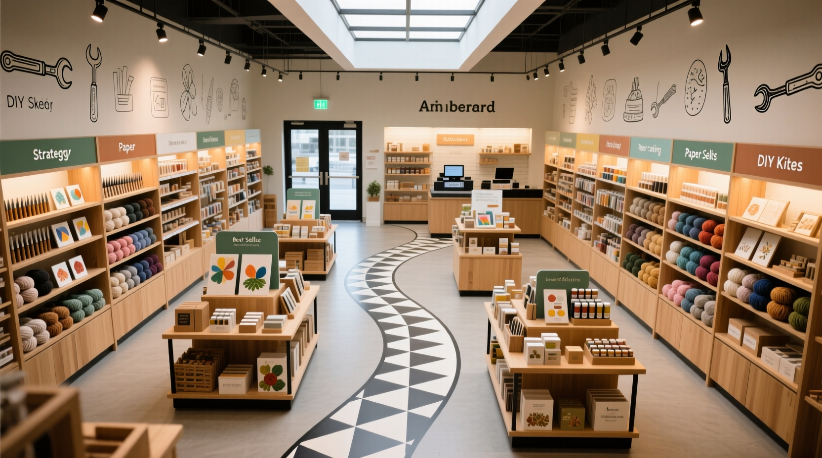 Craft store layout diagram showing strategic navigation path