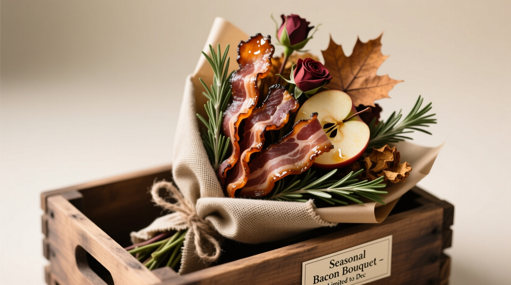 Seasonal bacon bouquet gift set available through December for meat-loving boyfriends who prefer edible over floral arrangements
