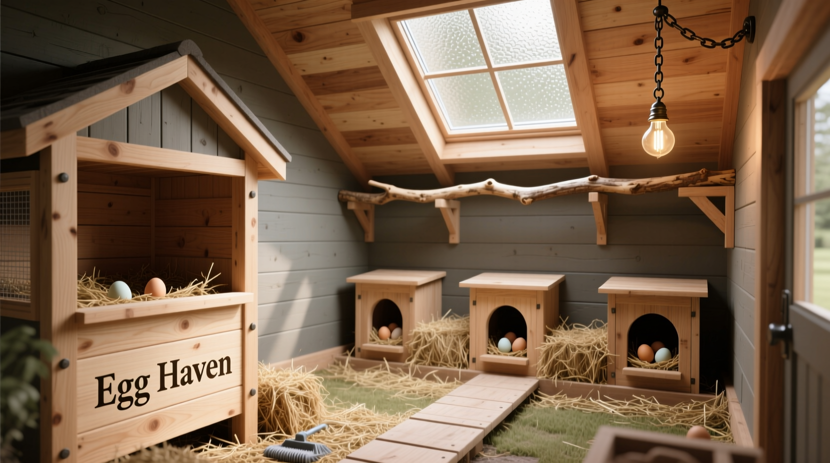 Interior layout of DIY chicken shelter with nesting boxes