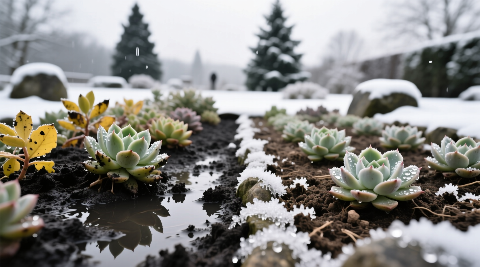 January soil moisture test comparing waterlogged versus dry succulent beds after snowmelt - highlighting why winter watering causes more losses than cold itself