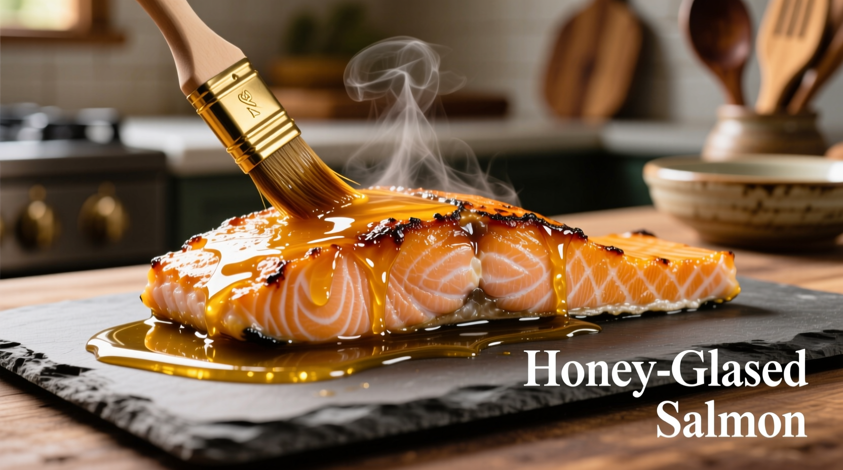 Honey glaze being brushed on roasted salmon
