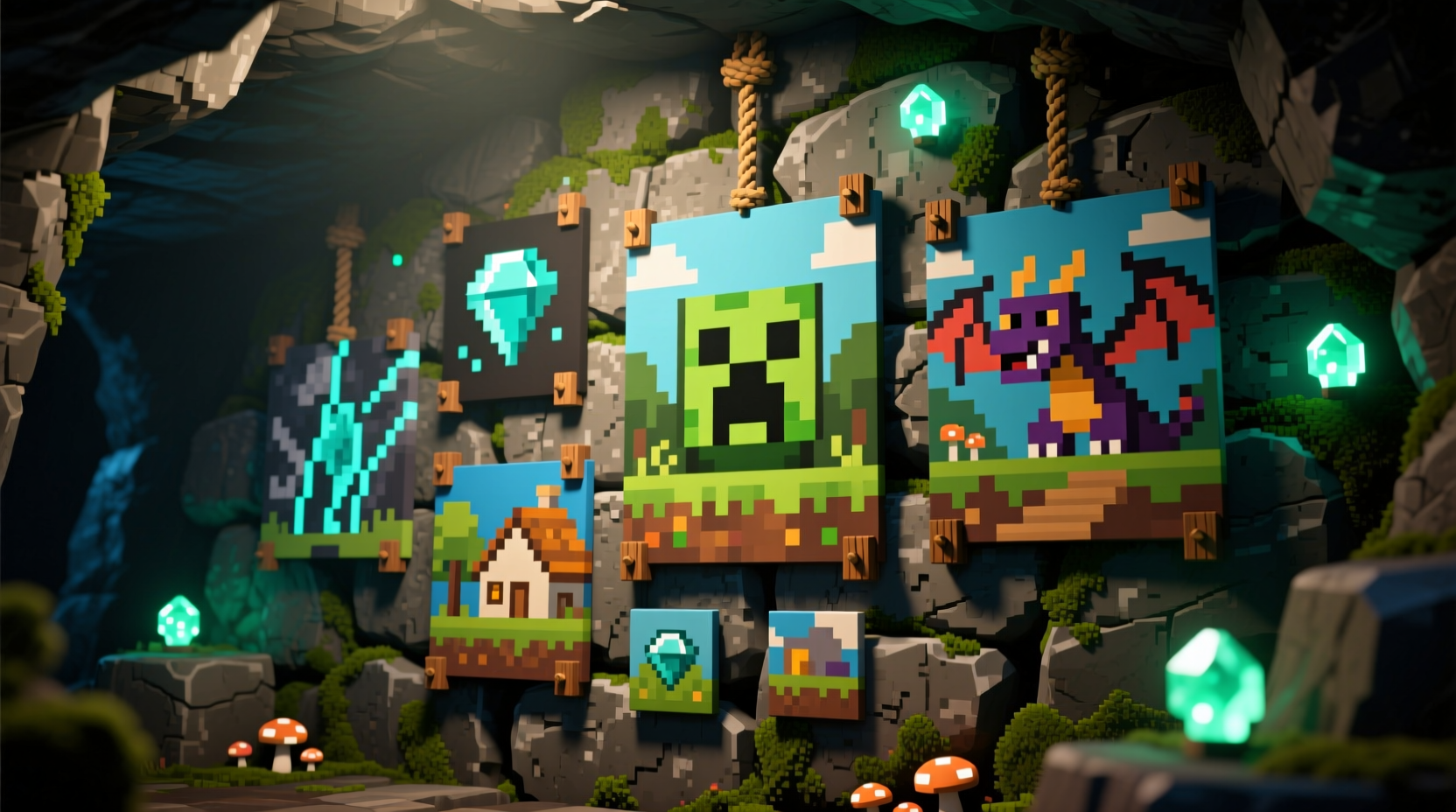 Different sized Minecraft paintings on walls