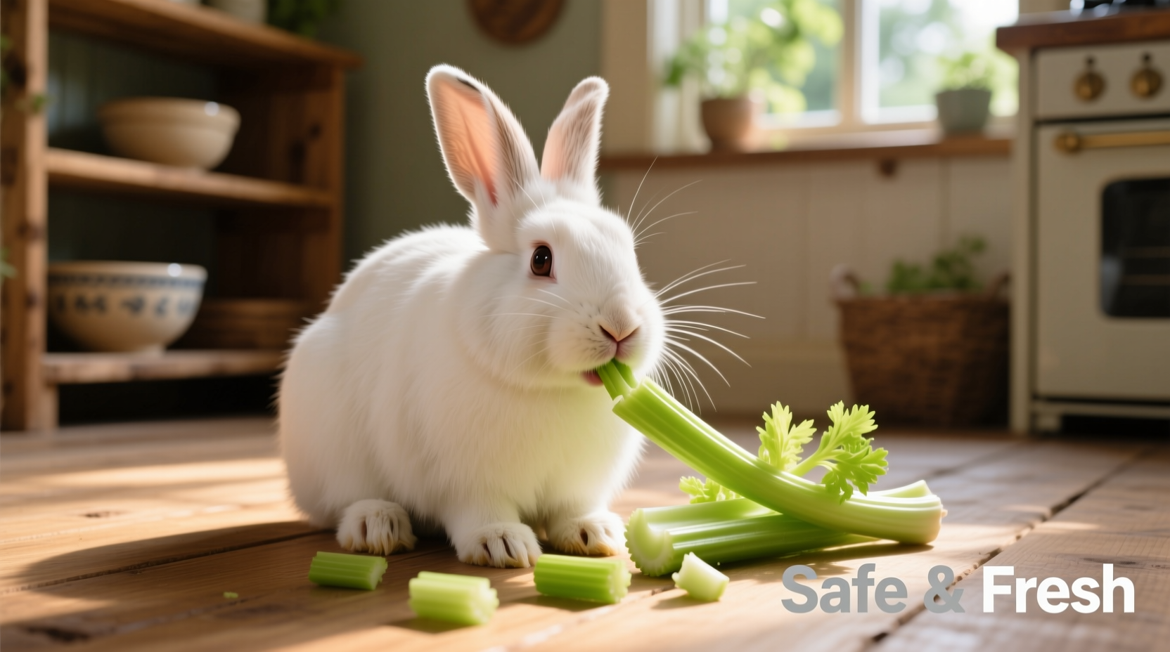 Rabbit safely eating chopped celery pieces