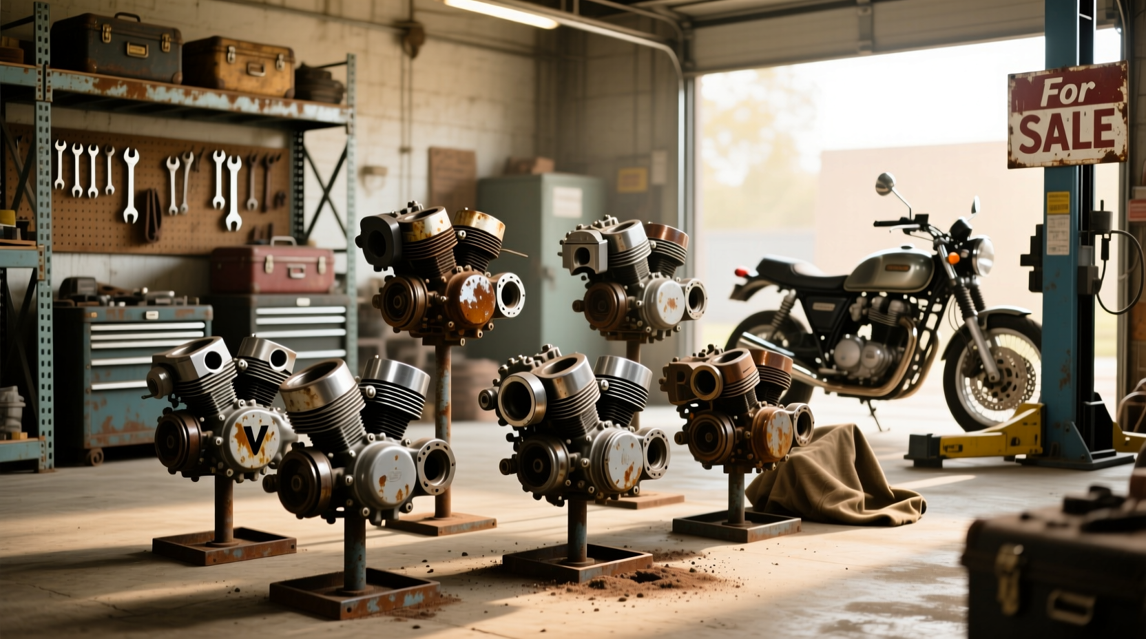 Close-up view of a disassembled motorcycle engine on a workbench