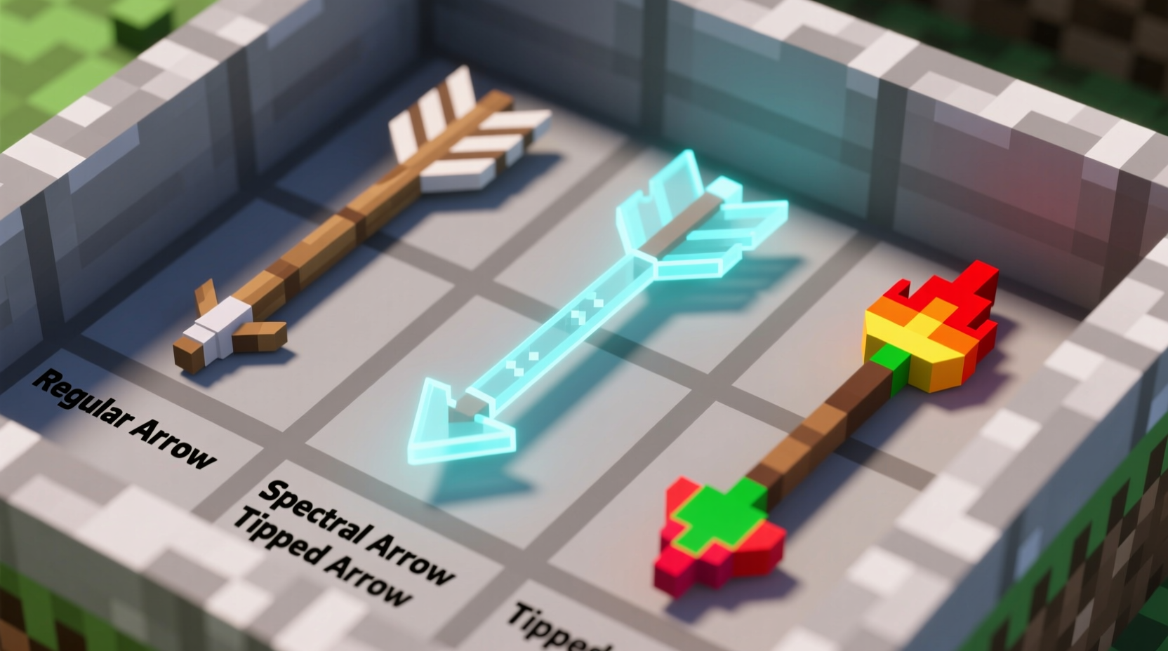 Comparison of regular, spectral, and tipped arrows in Minecraft inventory