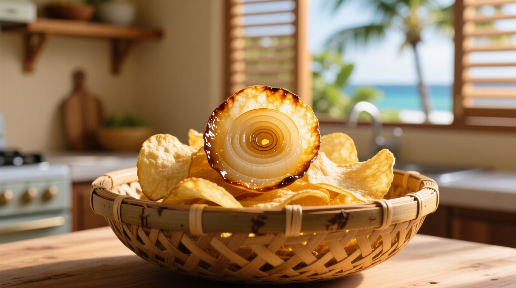 Golden sweet Maui onion chips in a bamboo bowl