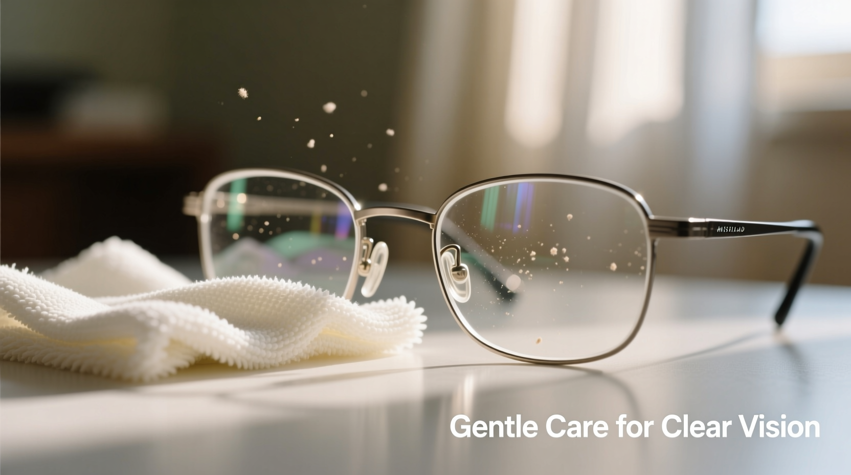 Microfiber cloth gently cleaning eyeglass lenses