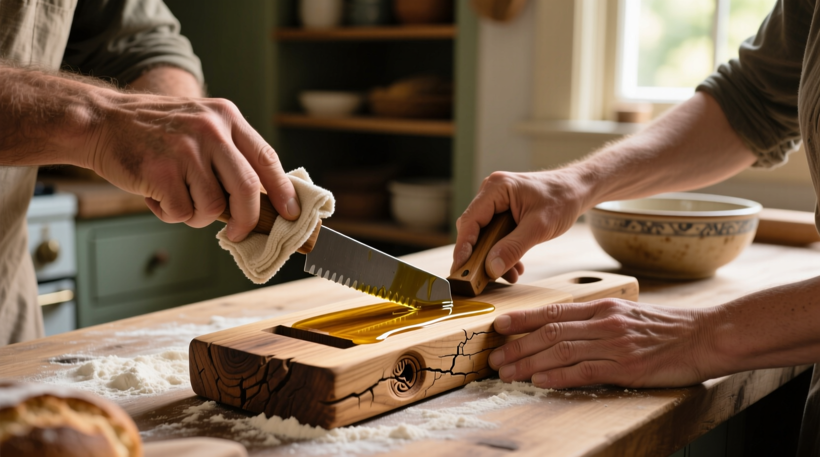 Hands applying mineral oil to wooden bread slicer components