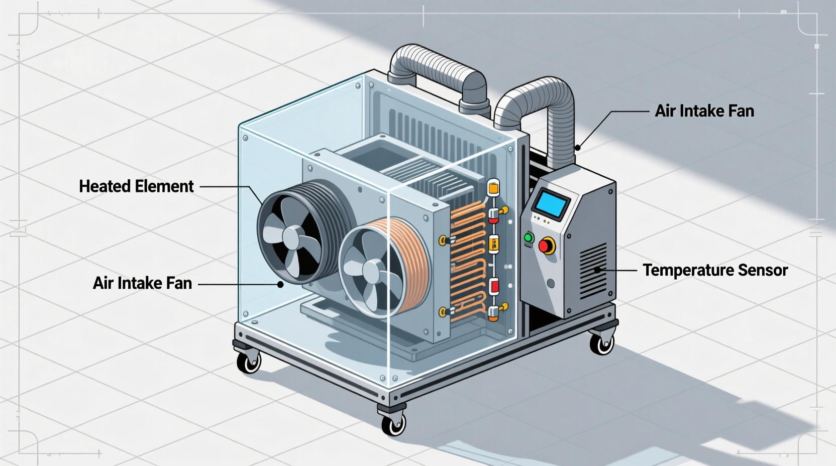 DIY filament dryer components layout with labeled parts