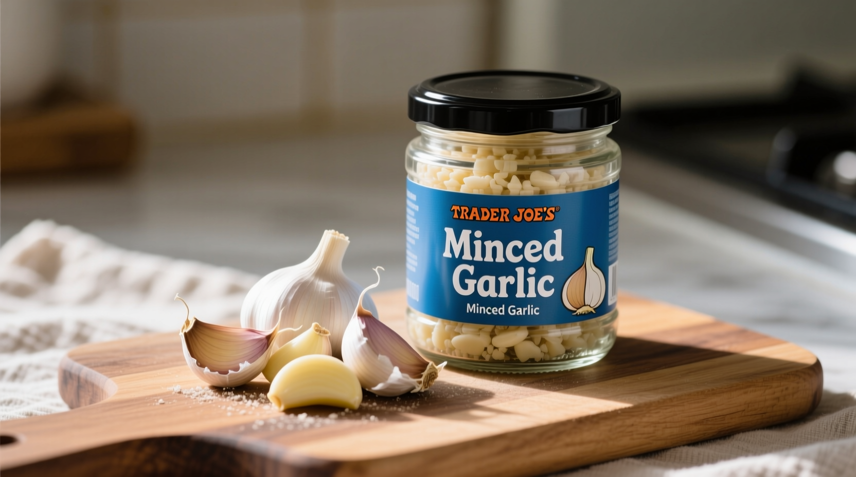 Trader Joe's minced garlic jar next to fresh garlic cloves