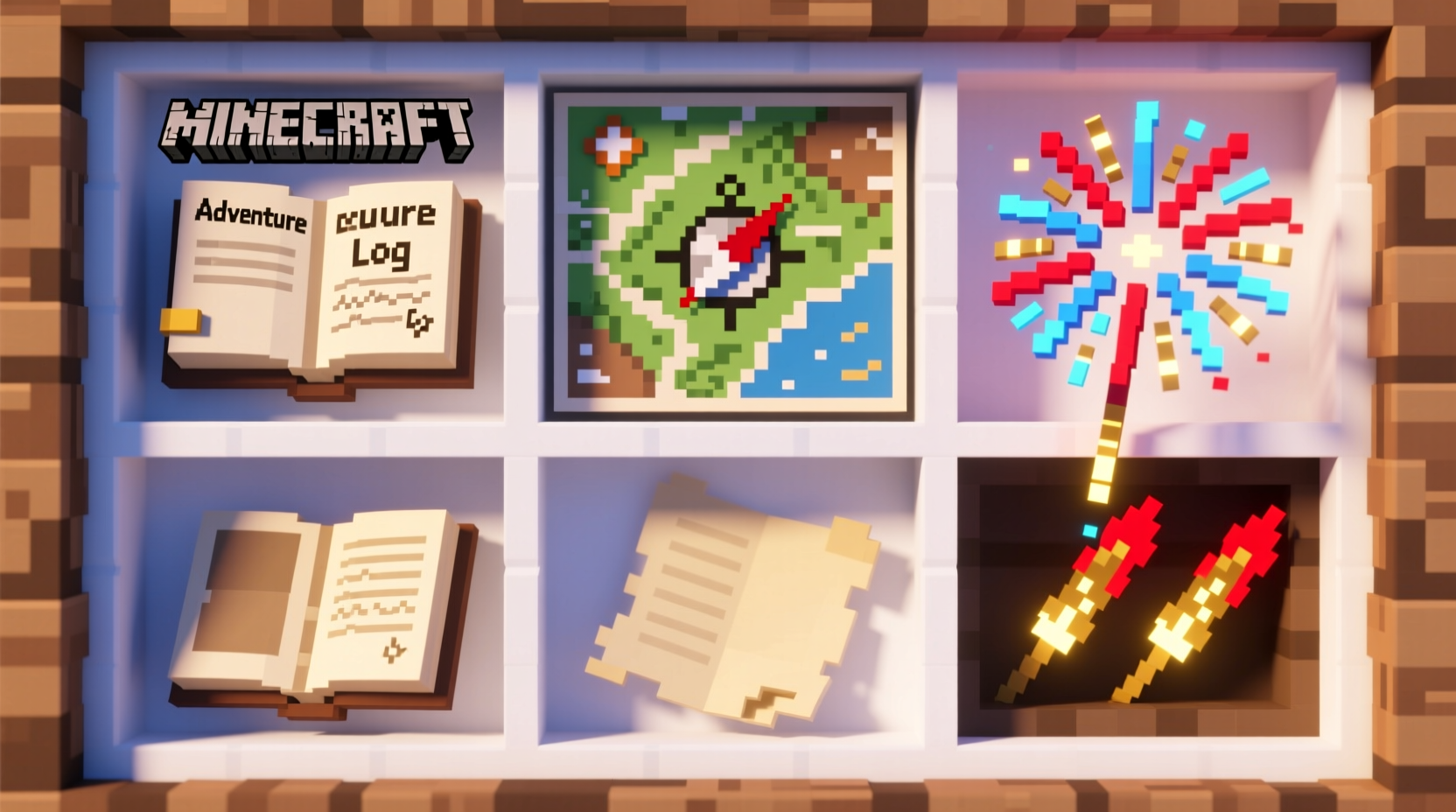 Paper items arranged in Minecraft inventory for maps books and fireworks