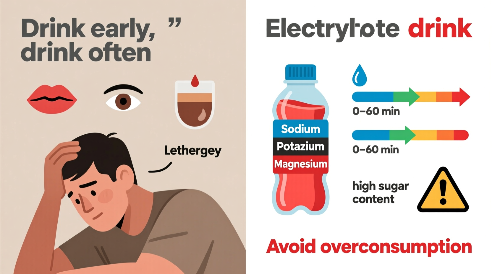 Dehydration warning signs infographic for electrolyte drink safety