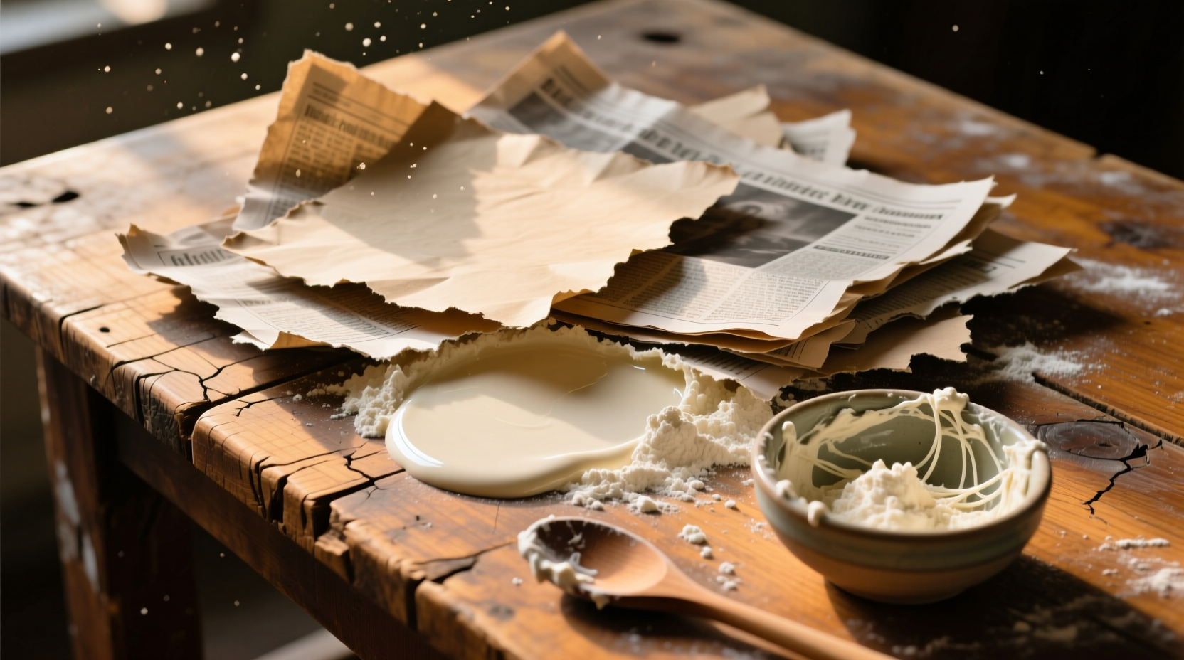 Recycled paper sheets and flour paste mixture on wooden table