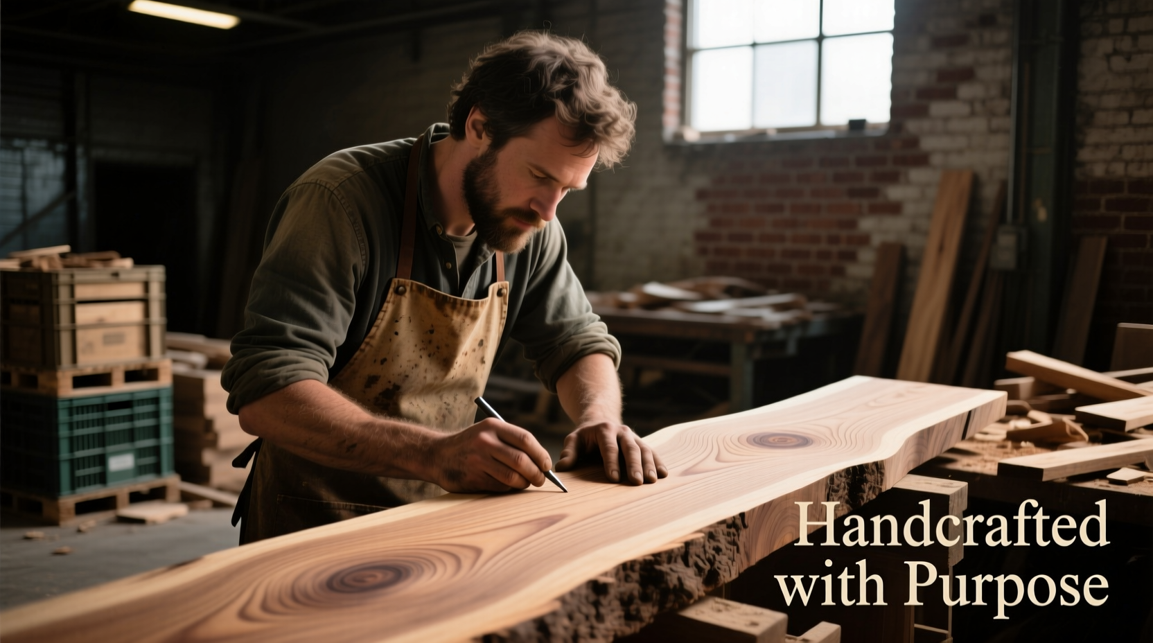 Craft artist examining wood grain at warehouse