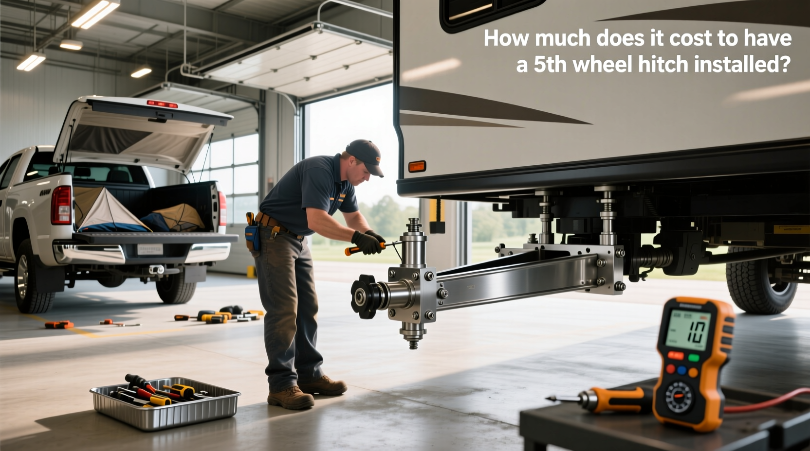 Technician lifting a fifth wheel hitch into a truck bed during installation