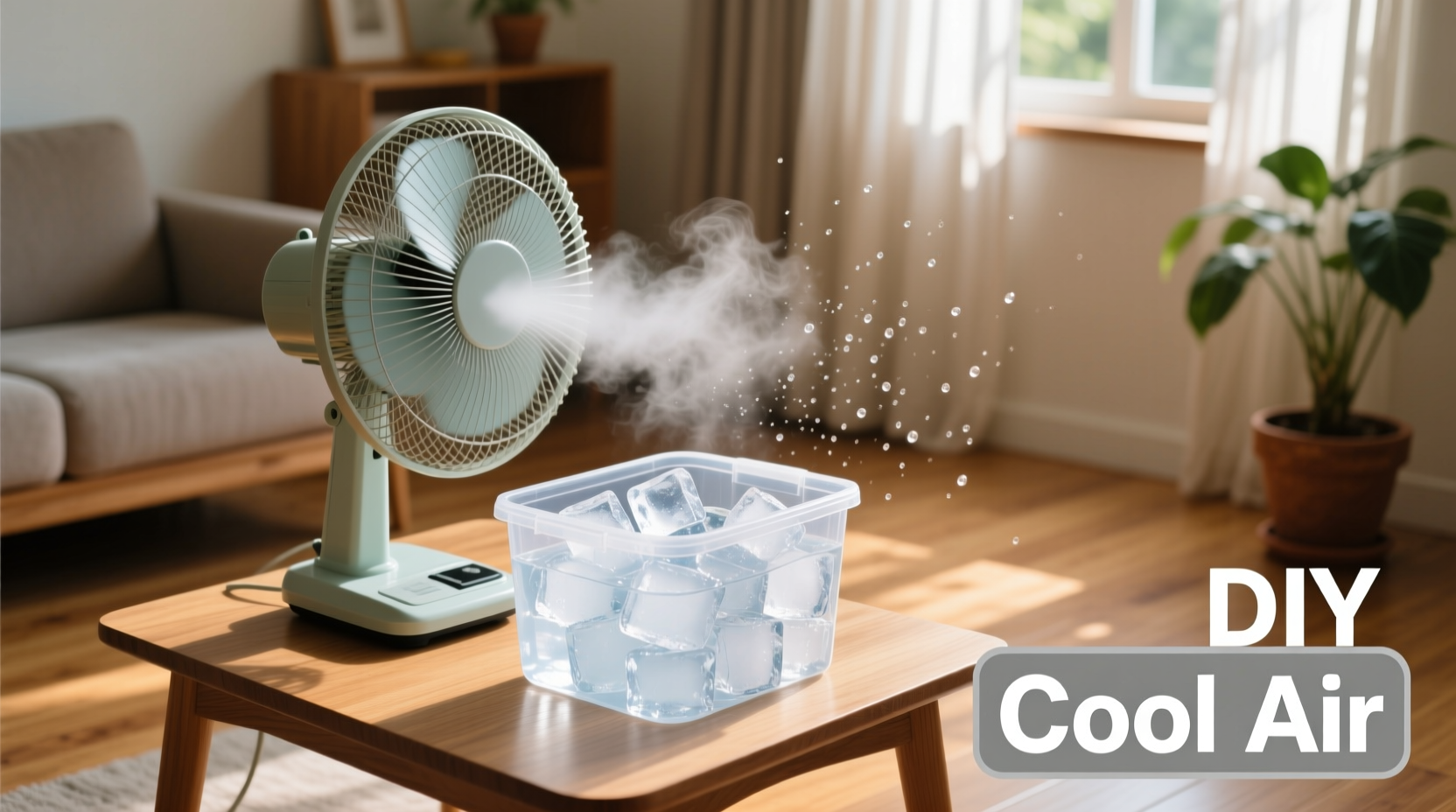 DIY air conditioner setup with fan and ice container