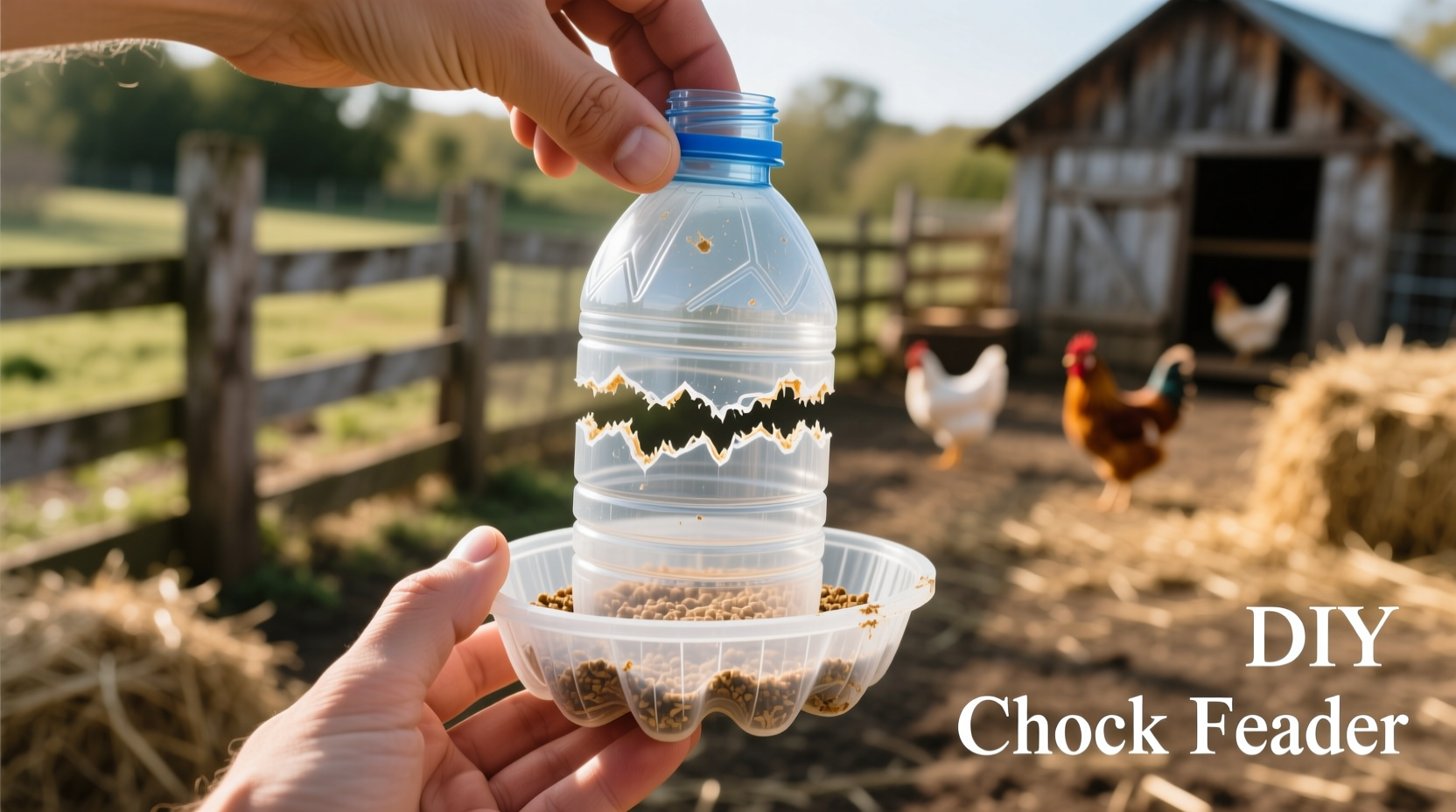 Hand holding recycled plastic bottle cut for chook feeder base