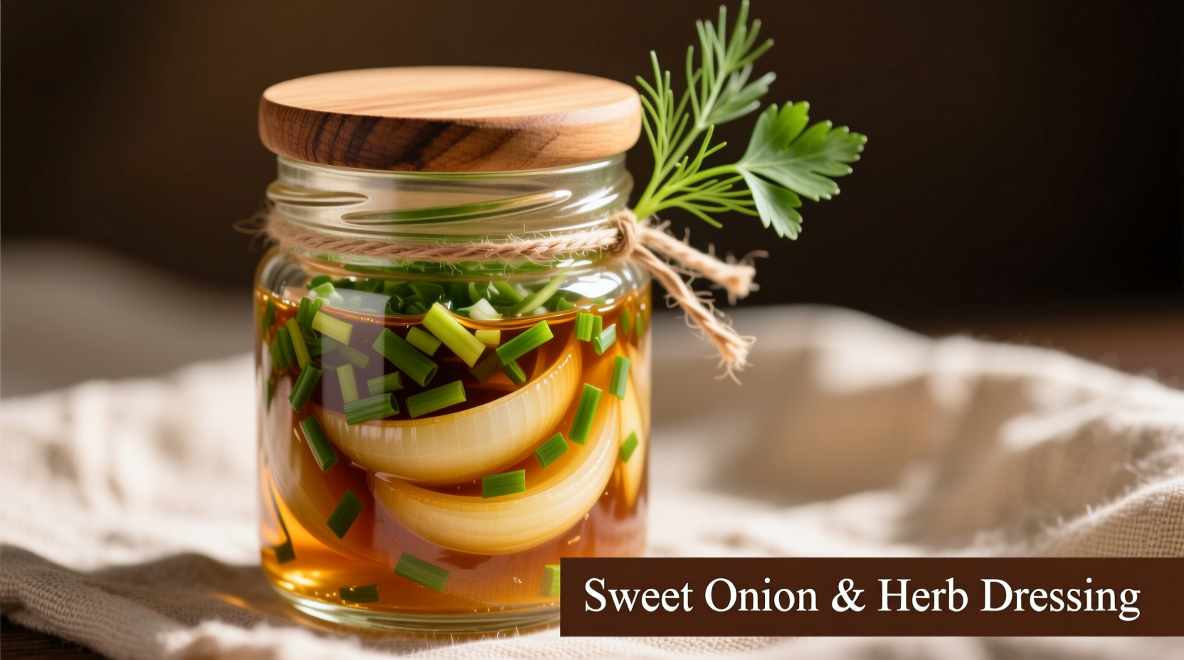 Fresh sweet onion salad dressing in glass jar with herbs