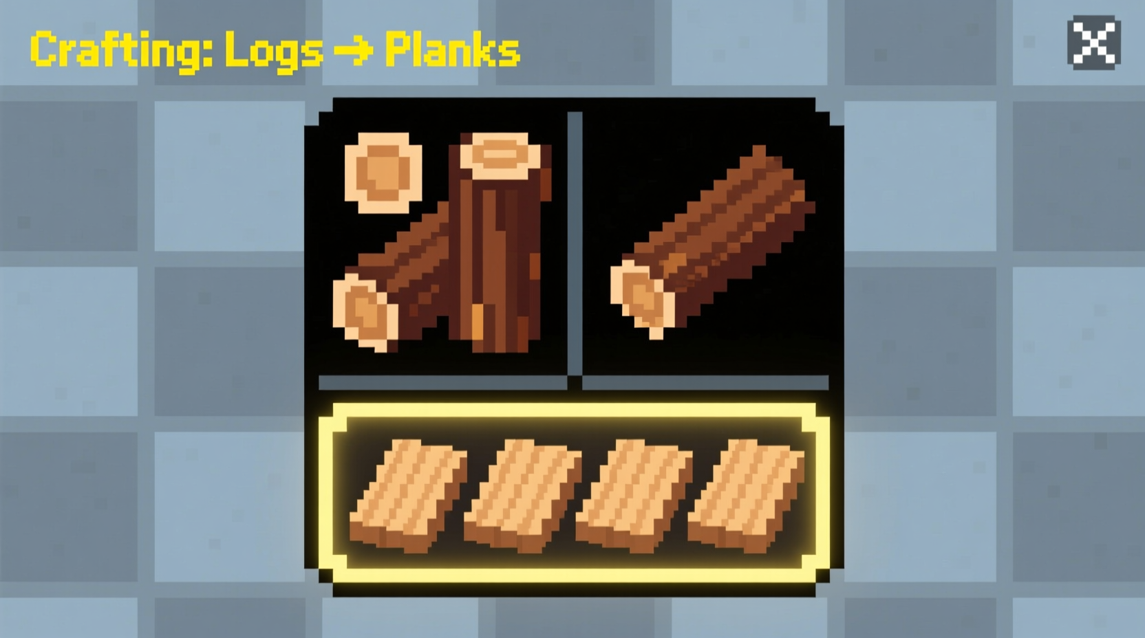 Minecraft inventory showing log conversion to wood planks