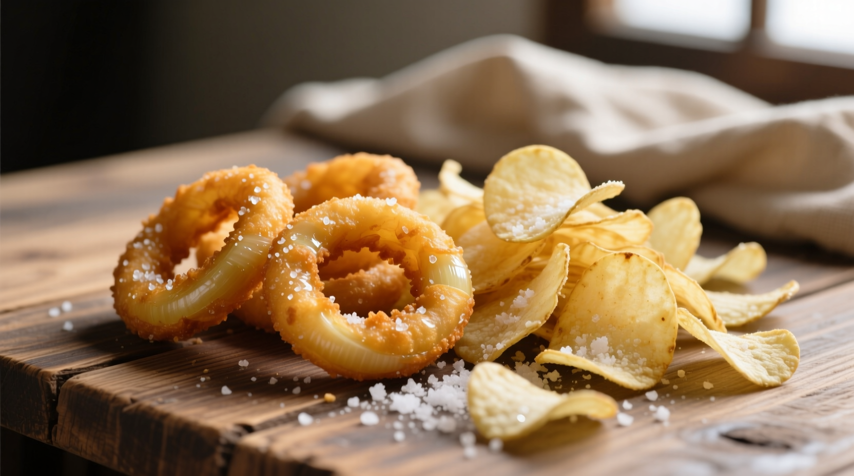 Crispy golden onion rings next to potato chips