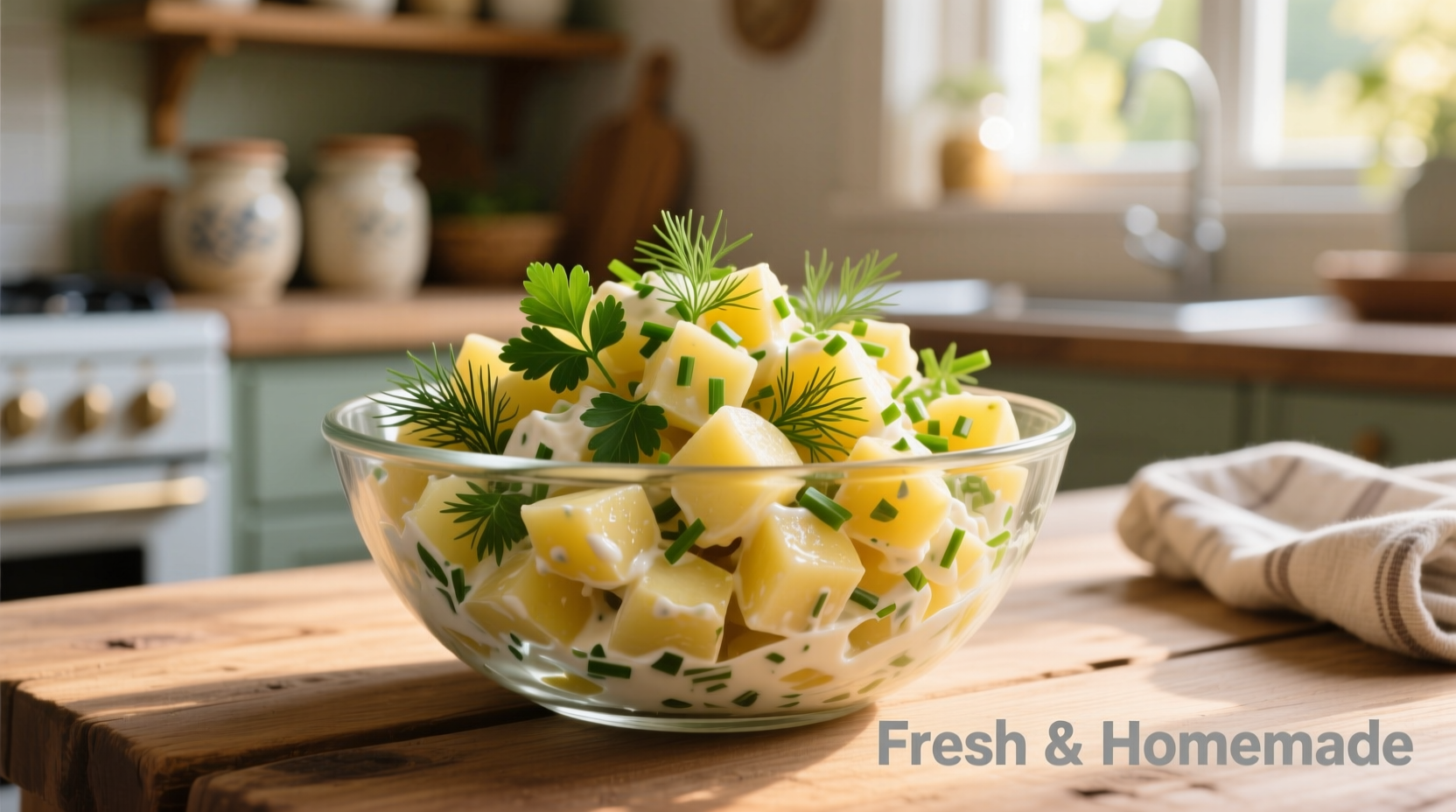 Homemade potato salad in glass bowl with fresh herbs