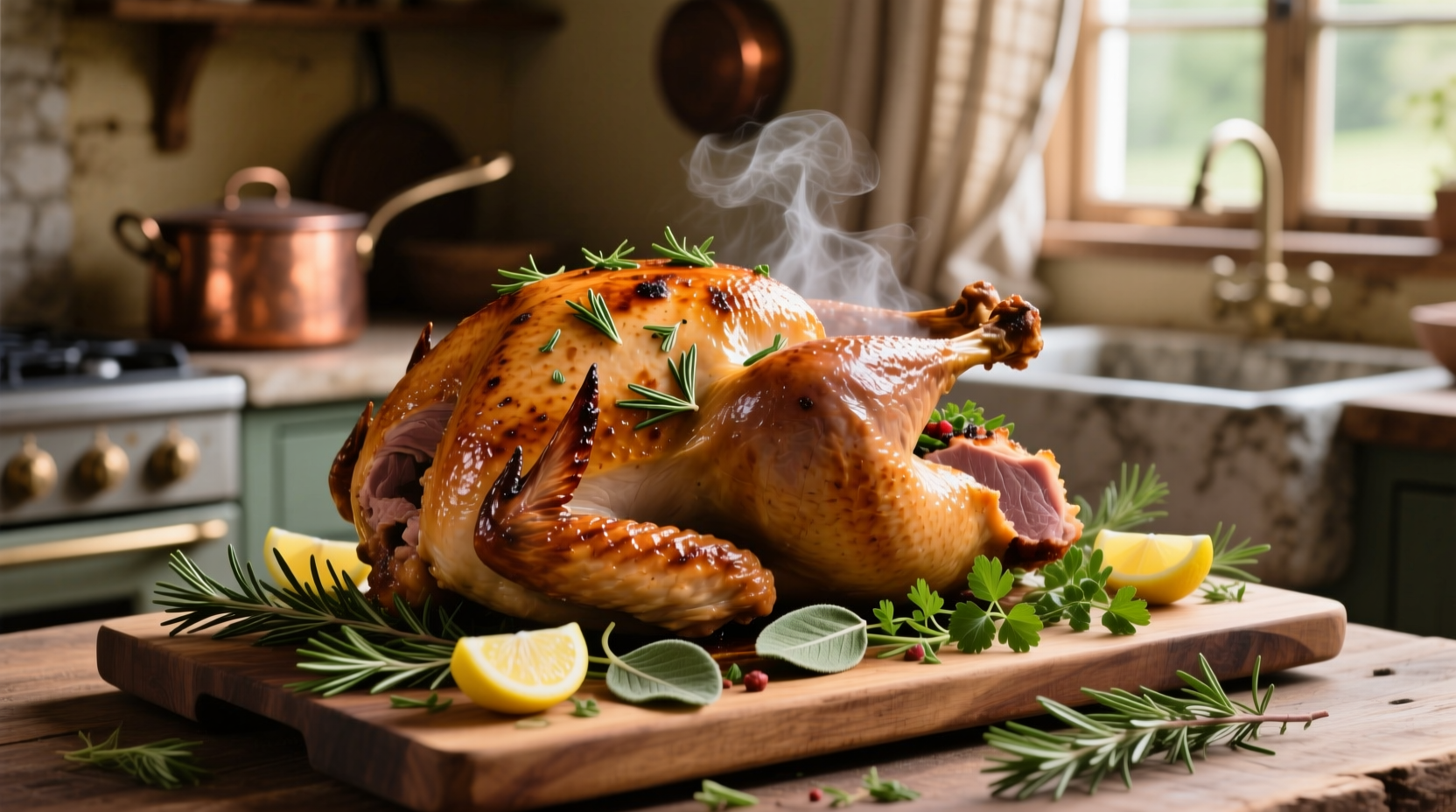Perfectly roasted golden brown turkey with herbs