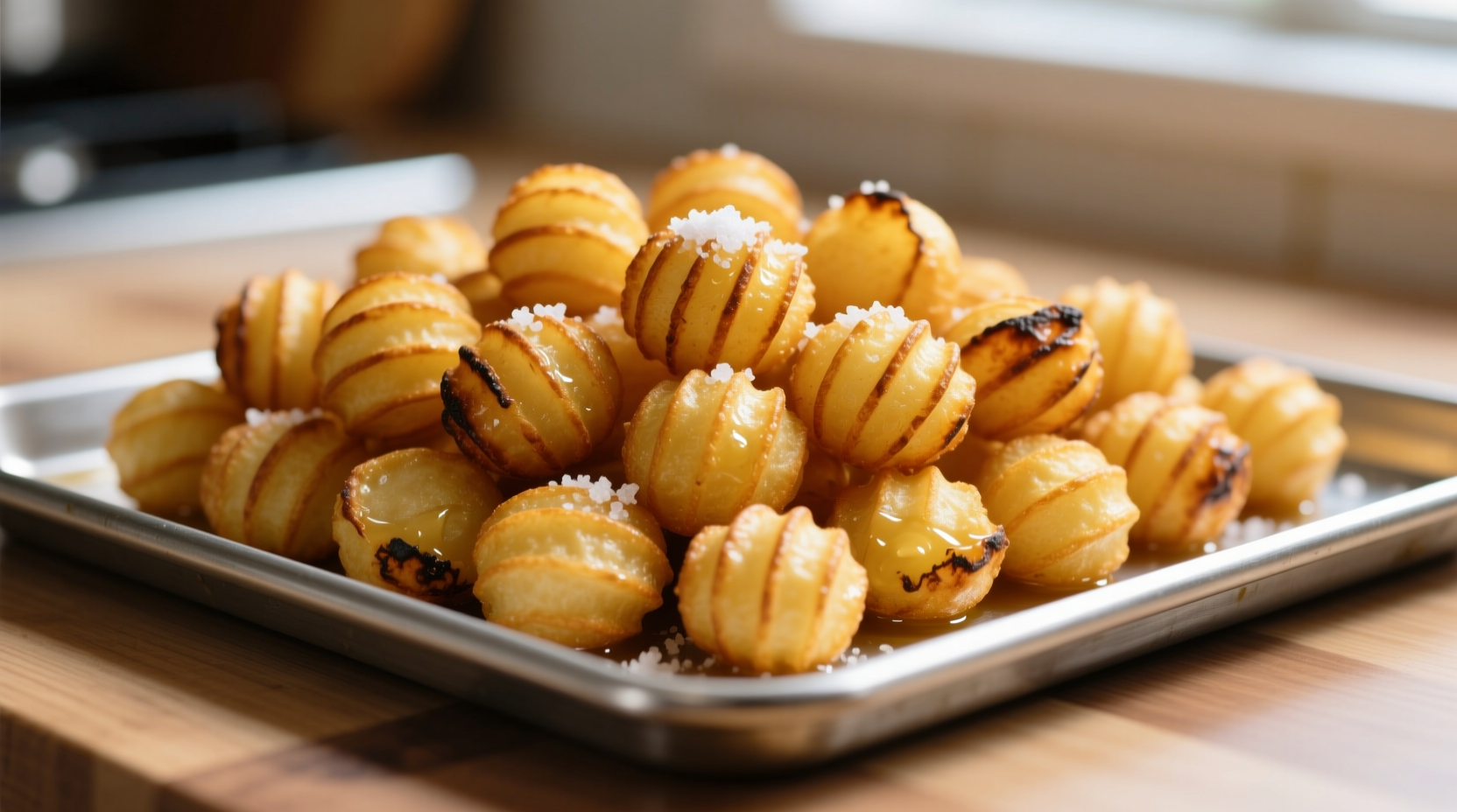 Golden crispy potato tots on baking sheet