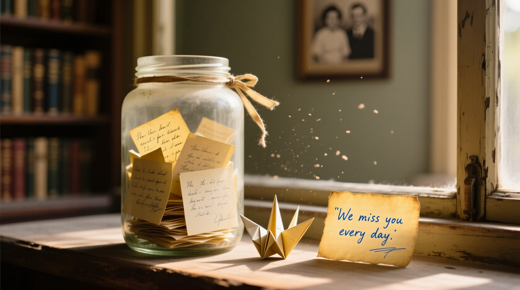 Glass jar filled with handwritten notes honoring a lost family member