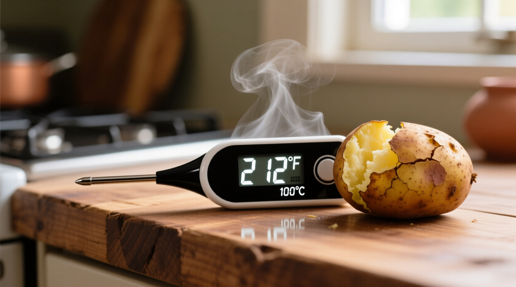 Thermometer showing perfect baked potato temperature