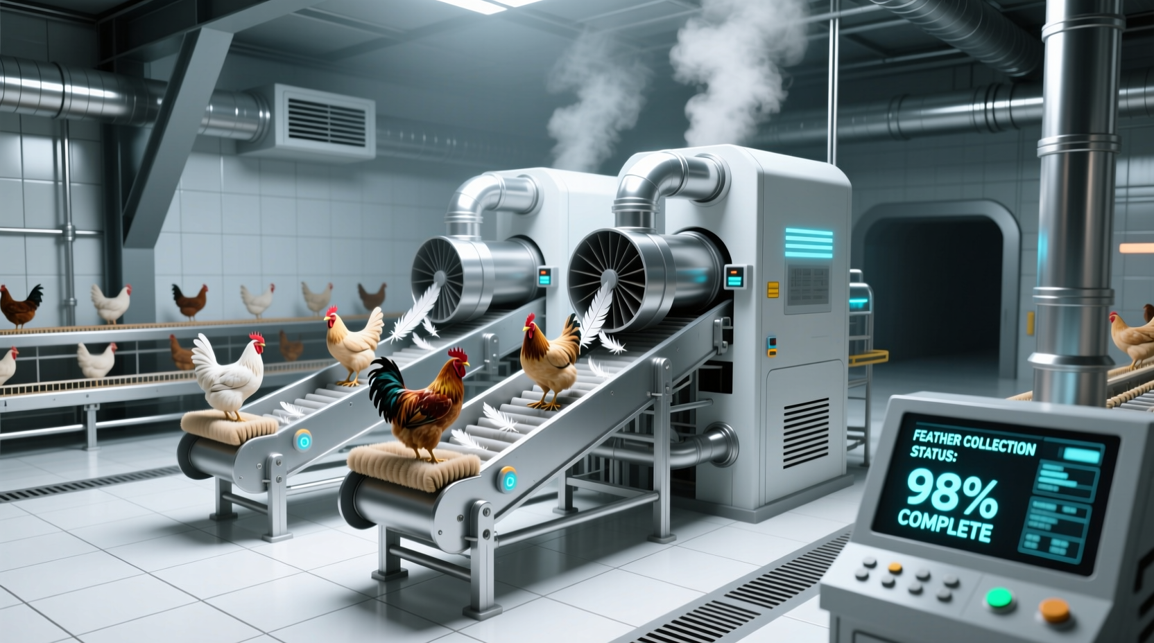 Close-up of chicken farm design for automatic feather collection