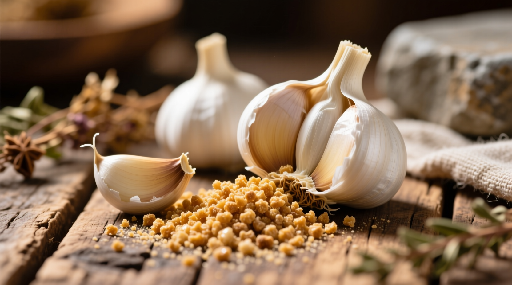 Close-up of garlic granules next to fresh garlic cloves