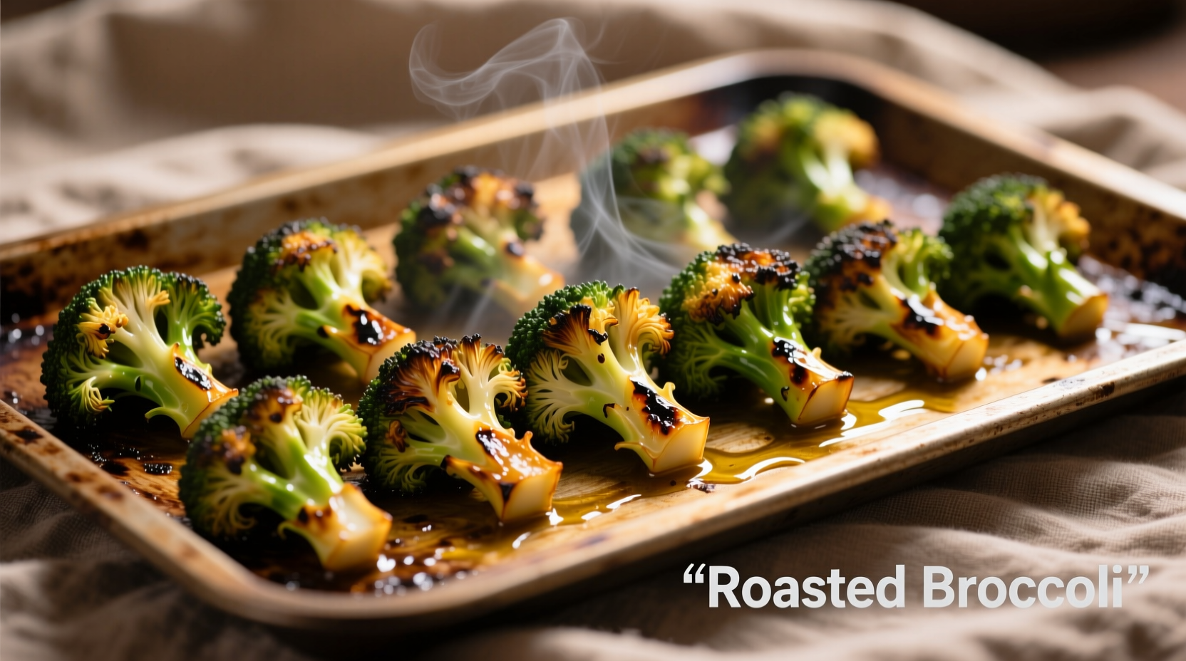 Perfectly roasted broccoli florets on baking sheet