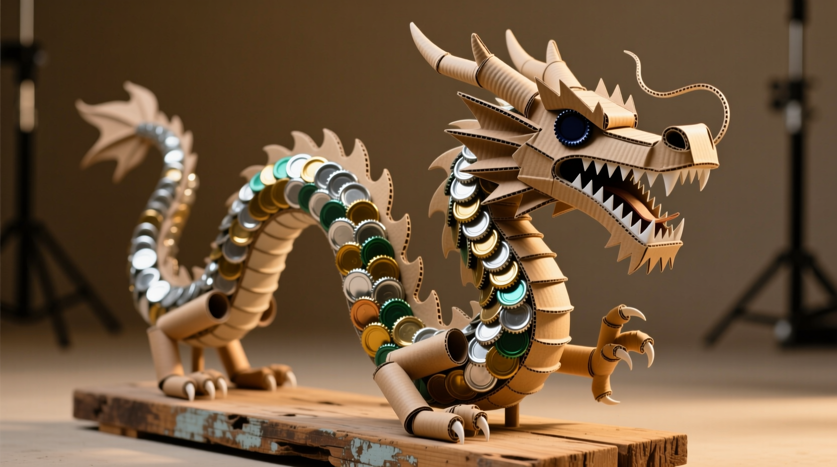 Dragon sculpture made from bottle caps and cardboard tubes on wooden base