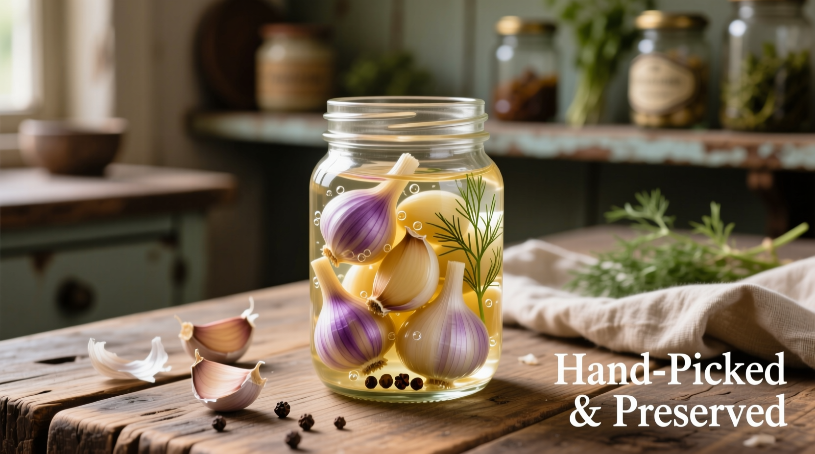 Fresh pickled garlic cloves in glass jar with vinegar